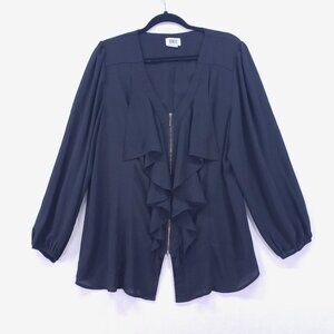 Monroe and Main Black Blouse Size XL Zip Front Elegant Ruffle Formal V Neck
